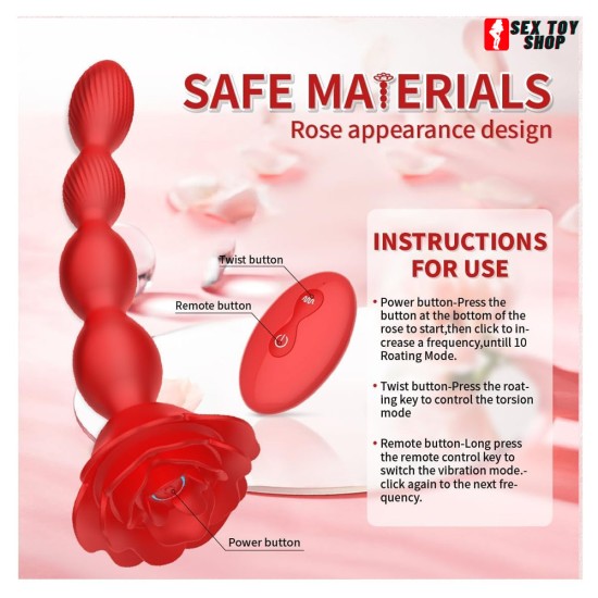 Rose Toy for Women Anal Beads Anal Butt Plug 10 Rotate Twist and Vibrating Modes Remote Control Adult Sex Toys for Couple (Red)