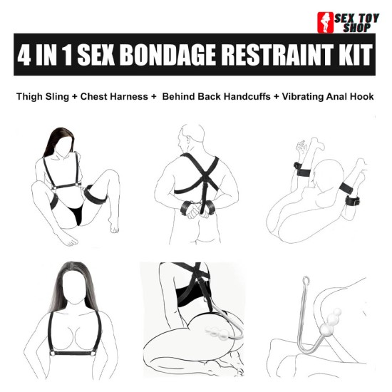 Vibrating Anal Hook Thigh Sling Chest Harness Behind Back Handcuffs BDSM Sex Bondage Restraints Kit