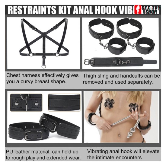 Vibrating Anal Hook Thigh Sling Chest Harness Behind Back Handcuffs BDSM Sex Bondage Restraints Kit