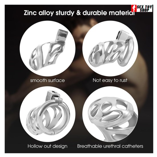 Zinc Alloy Invisible Lock Chastity Cage with 3 Active Rings & Keys for Men Penis Exercise and Abstinence | Silvery